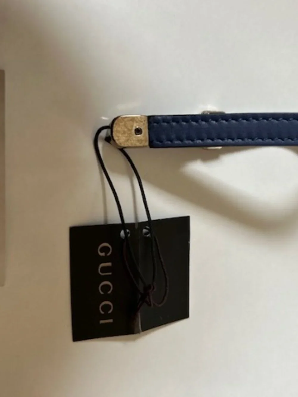 New Authentic Gucci Interlocking G Blue Leather Phone Strap Brushed Nickel Metal